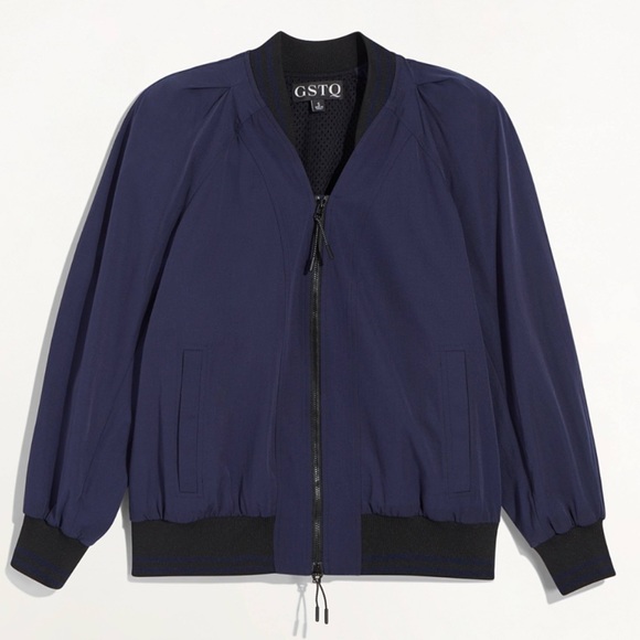 NWOT GSTQ Navy & Black Baseball Bomber Jacket Cape - coolest sleeve detail - L - Picture 12 of 12